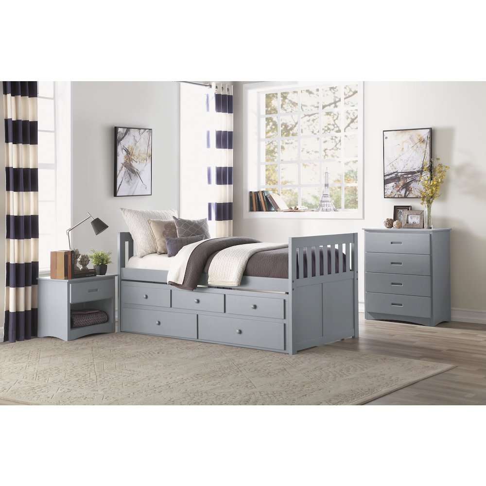 Orion Pine Twin Over Twin Trundle Bed with two Storage Drawers in Gray. Picture 3