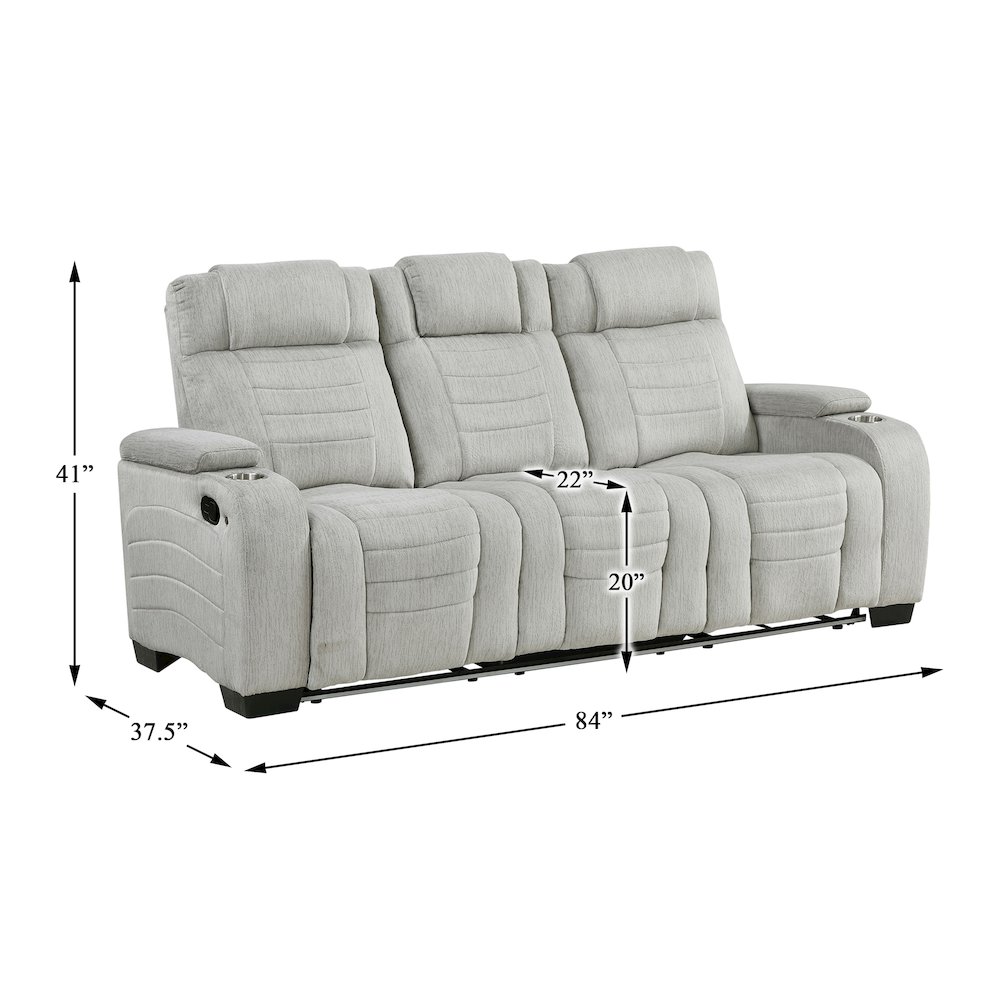 Ronan Microfiber Double Reclining Sofa with Storage Arms in Light Gray. Picture 5