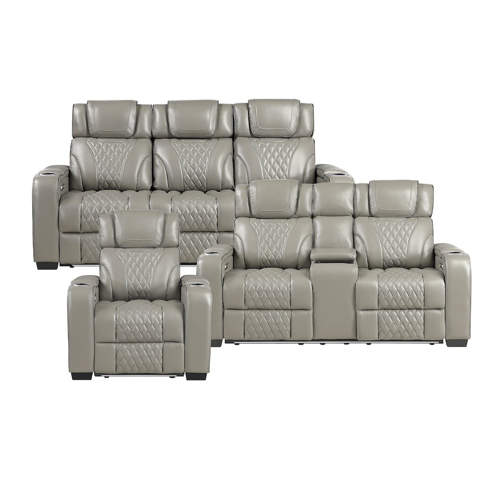 Apex Leather 3pc Set: Sofa, Love, Chair in Gray. Picture 3