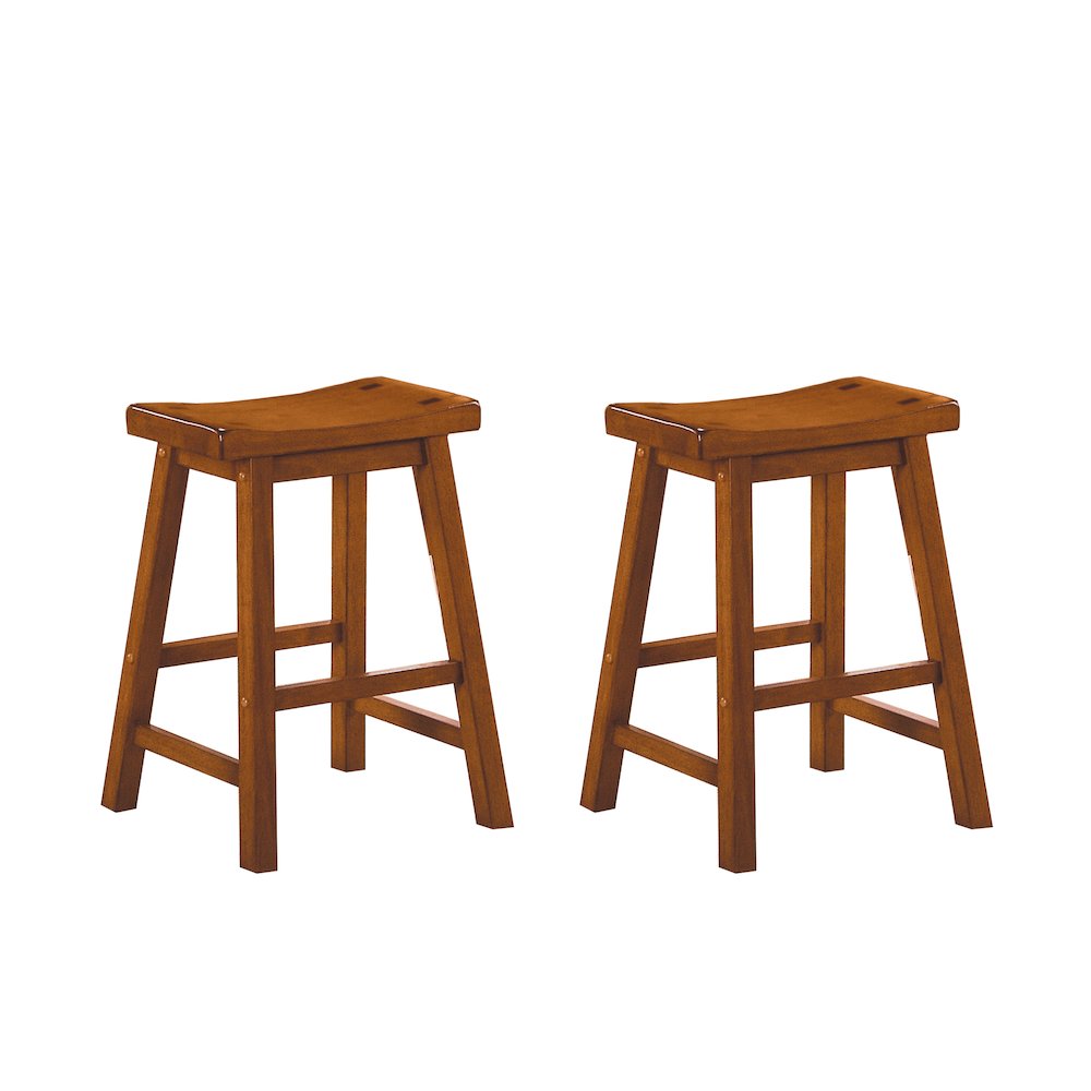 Saddleback Solid Wood 24" Height Stool, Set of 2 in Oak Finish. Picture 1