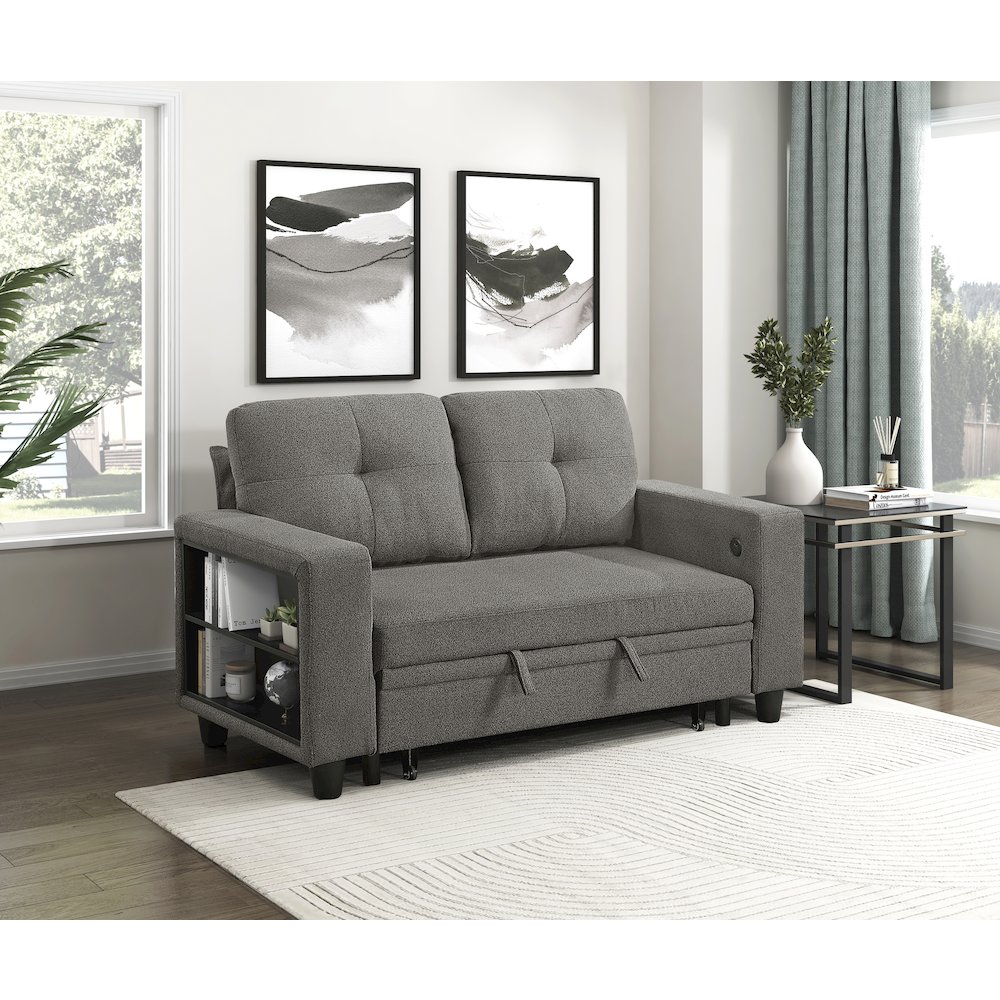 Robinson Boucle Love Seat with Pull-out Bed, Shelves in Dark Brown. Picture 2