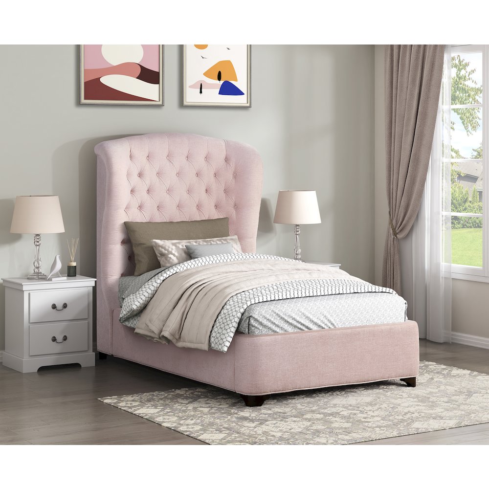Cameo Chenille Twin Upholstery Bed in Pink. Picture 3