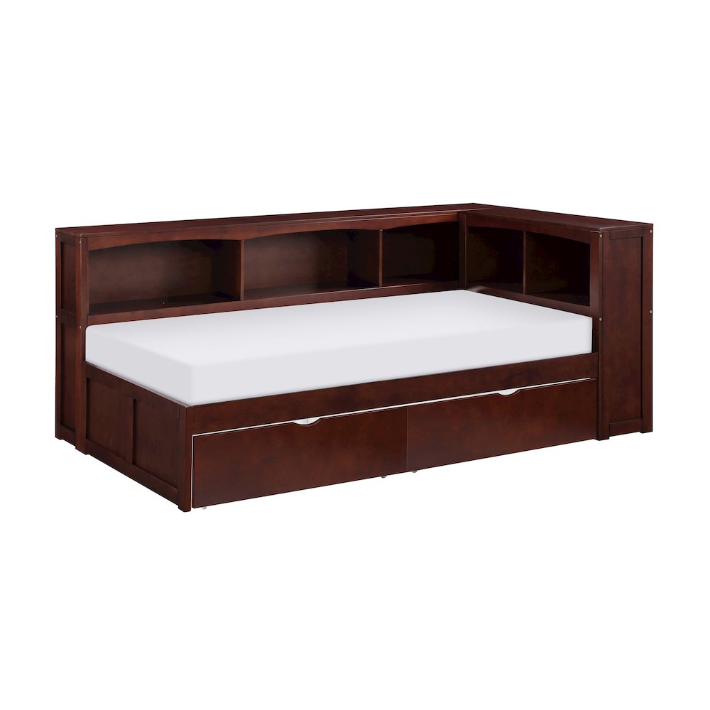 Rowe Pine Twin Bookcase Corner Bed with Storage Boxes in Dark Cherry. Picture 1