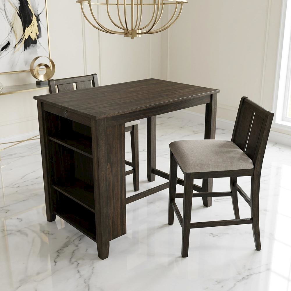Wood Veneer Counter Height Dining Table Set with Bar Stools, Brown, Set of 3. Picture 2