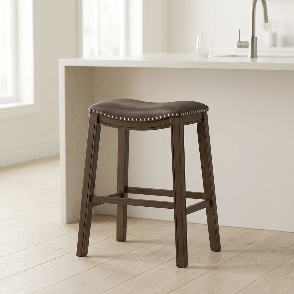 Ordway Solid Wood Backless Bar Stool with Saddle Seat for Kitchen Island, Brown. Picture 2