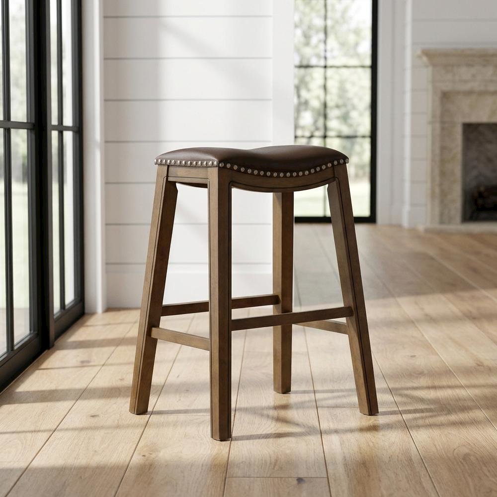 Ordway Solid Wood Backless Bar Stool with Saddle Seat for Kitchen Island, Brown. Picture 4