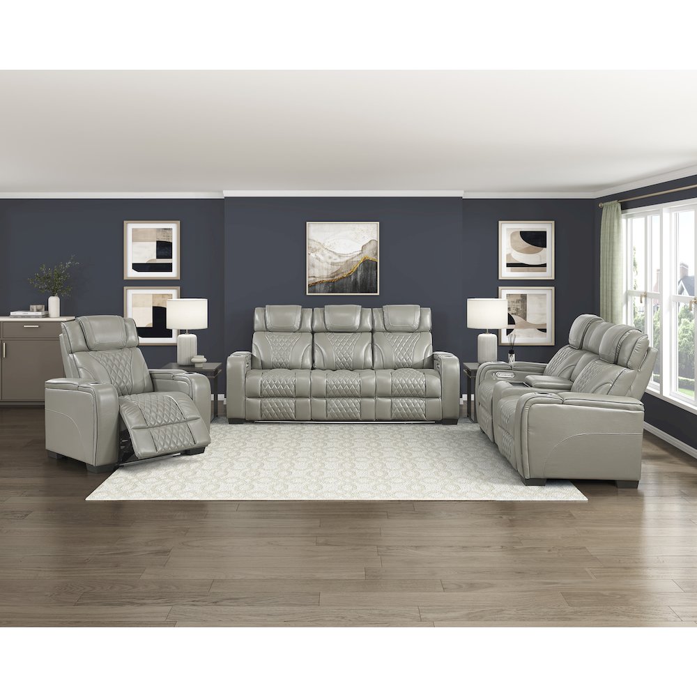 Apex Leather Power Double Reclining Sofa with Power Headrests in Gray. Picture 2