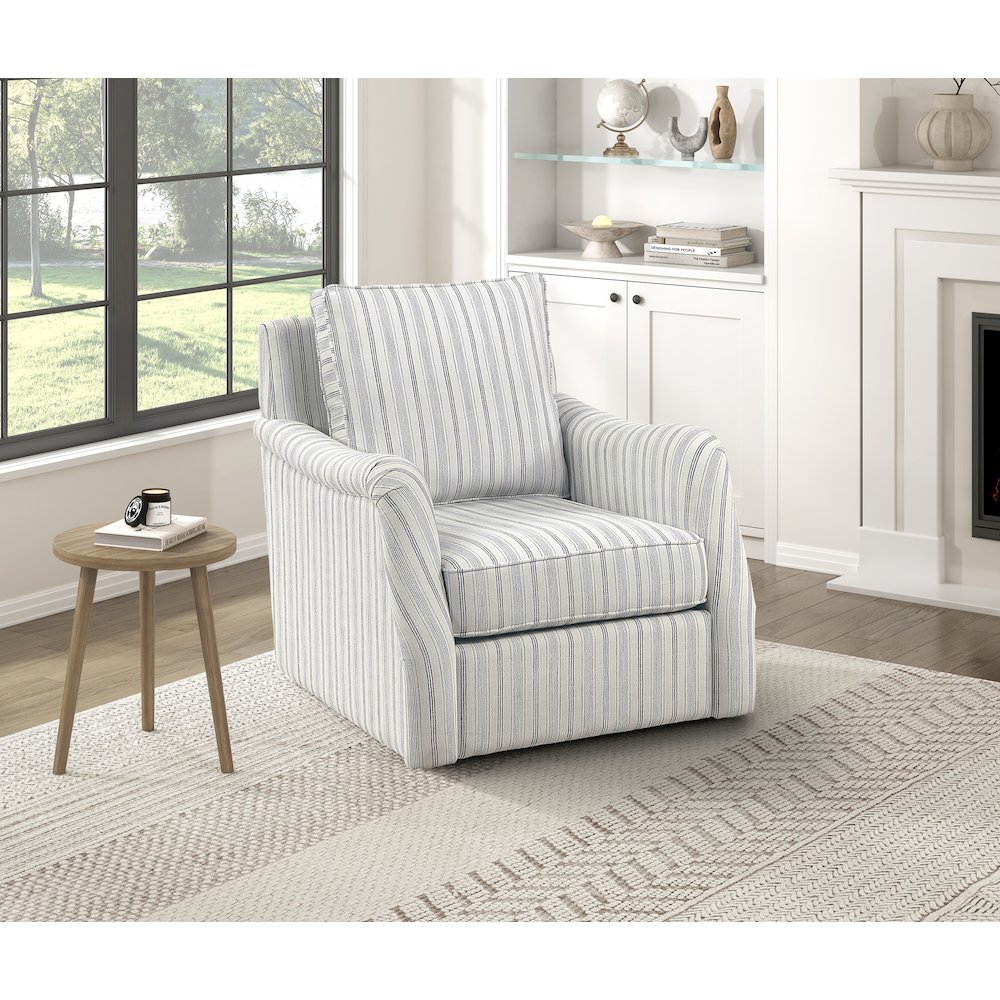 Bowden Textured Swivel Chair in Off White with Blue Stripe Pattern. Picture 2