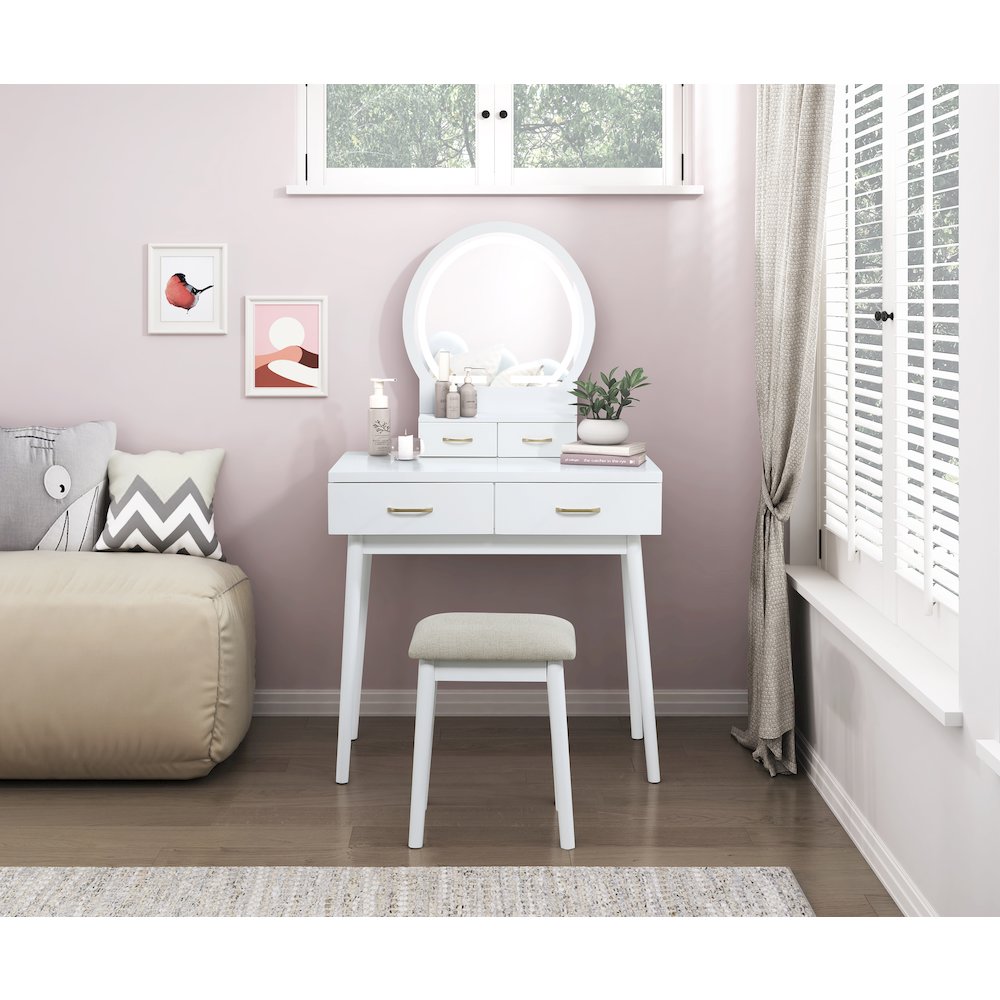 Camilla Acacia Vanity Dresser with Mirror and Stool in White. Picture 4