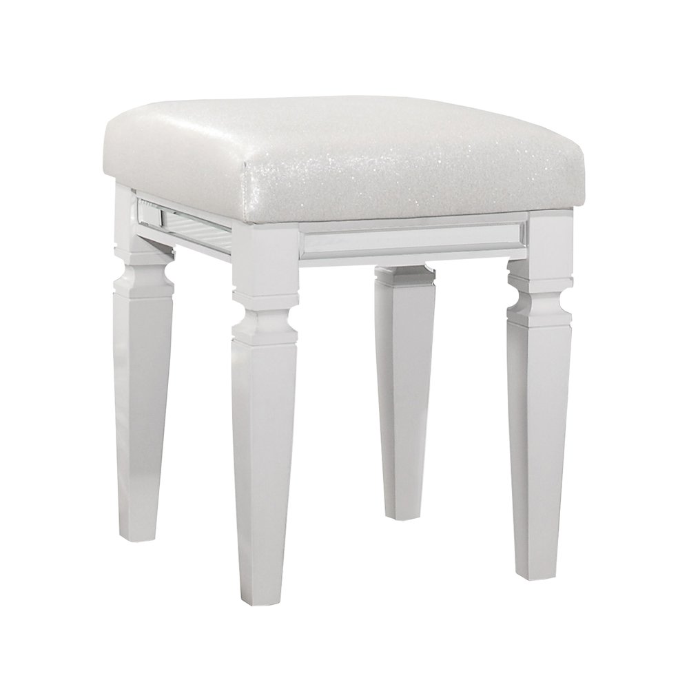 Tamsin Asian Hardwood Vanity Stool in White Metallic. Picture 1