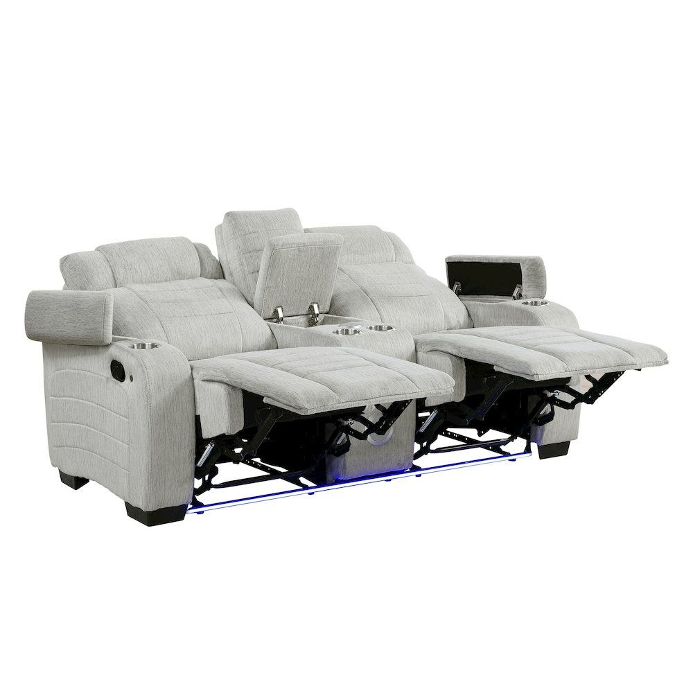 Ronan Microfiber Dbl Reclining Love Seat with Storage Arms in Light Gray. Picture 7