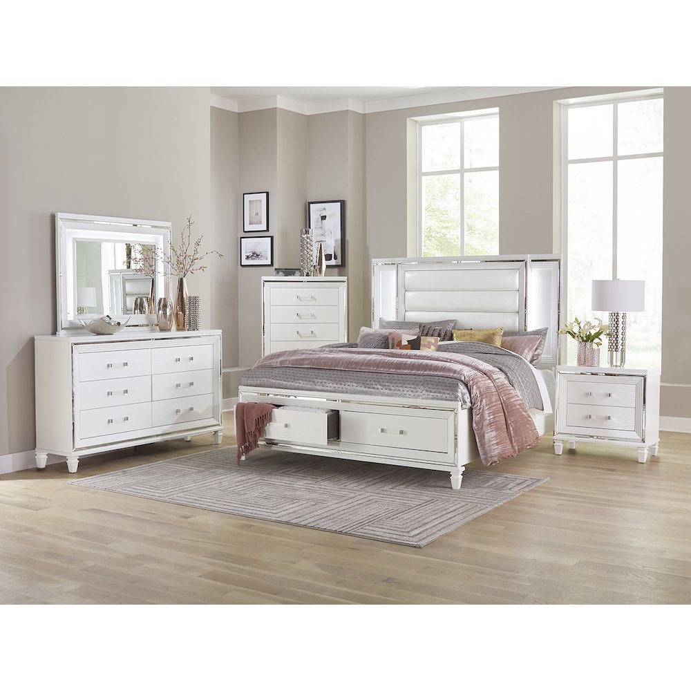 Tamsin Asian Hardwood QN Platform Bed w LED lighting in White Metallic. Picture 2
