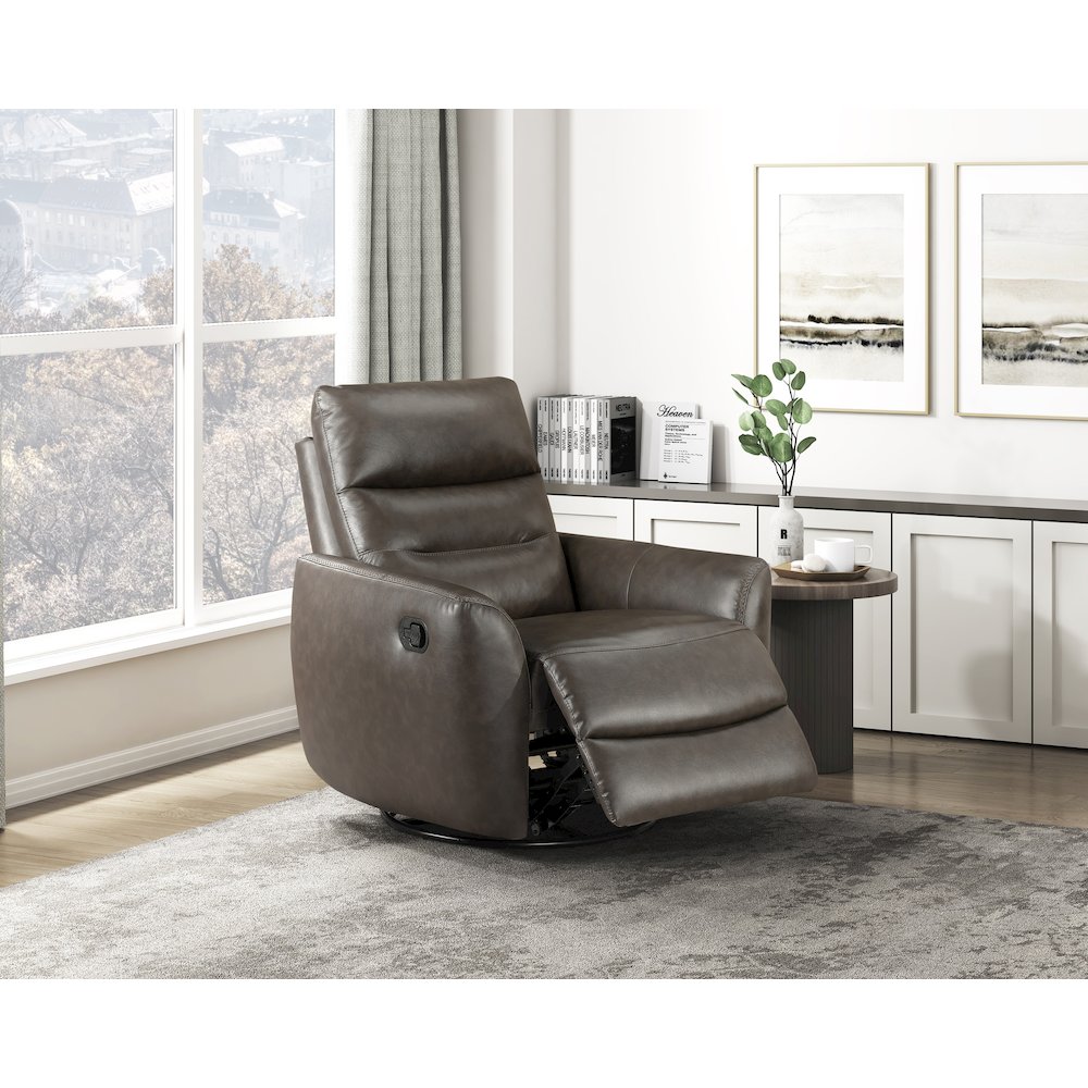 Cassian Leather Swivel Glider Reclining Chair in Dark Brown. Picture 2
