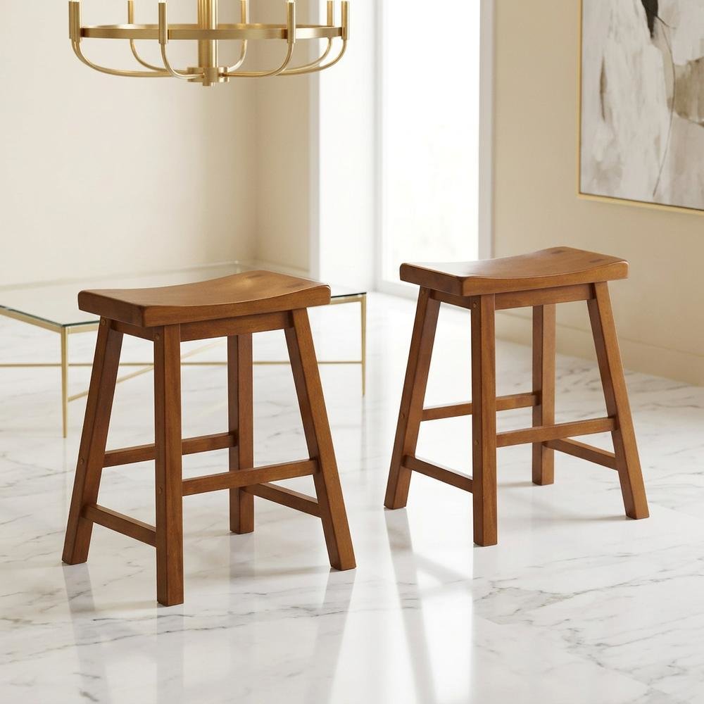 Saddleback Solid Wood Counter Stool with Saddle Seat, Oak, Set of 2. Picture 4
