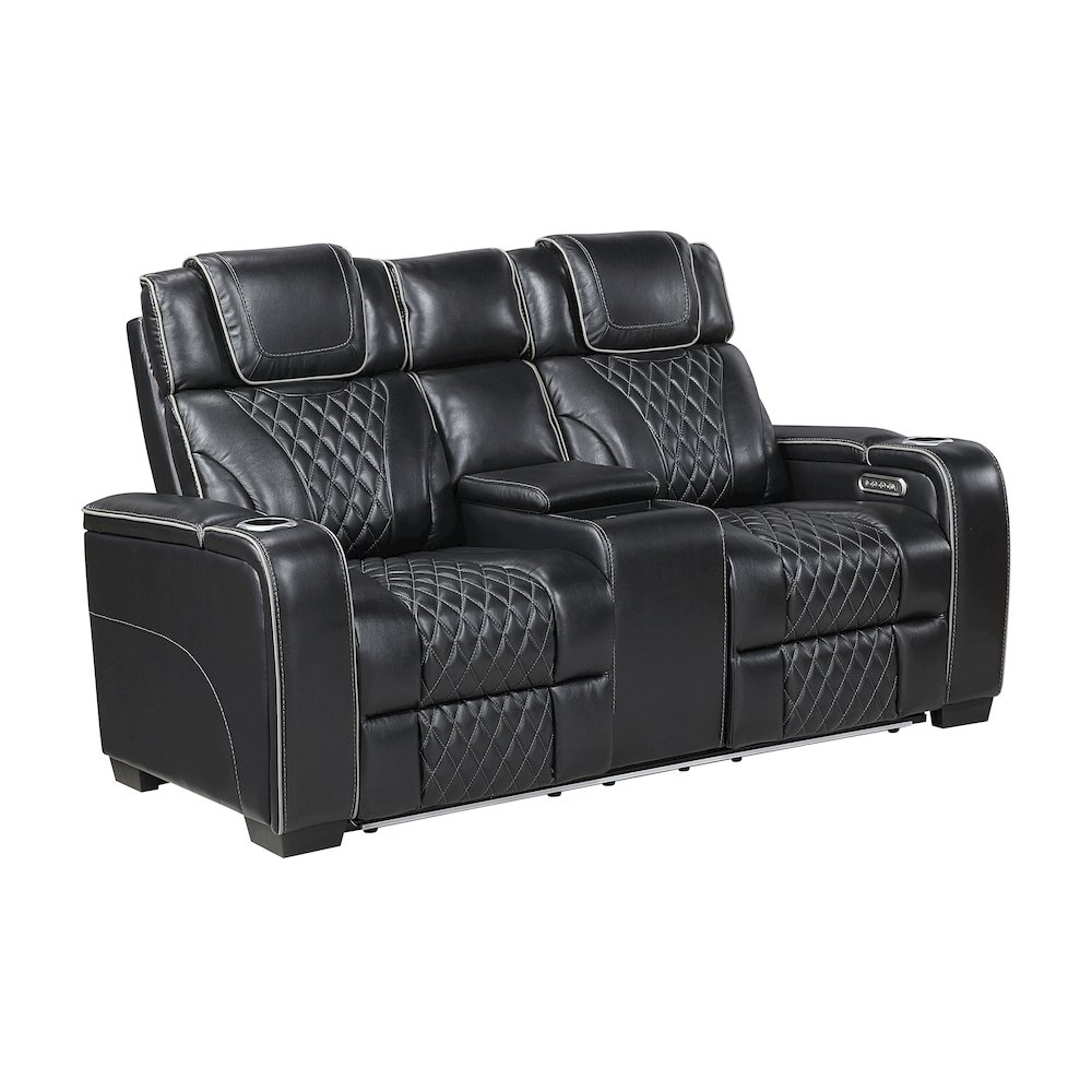 Apex Leather Pwr Double Reclining Love Seat with Center Console in Black. Picture 1