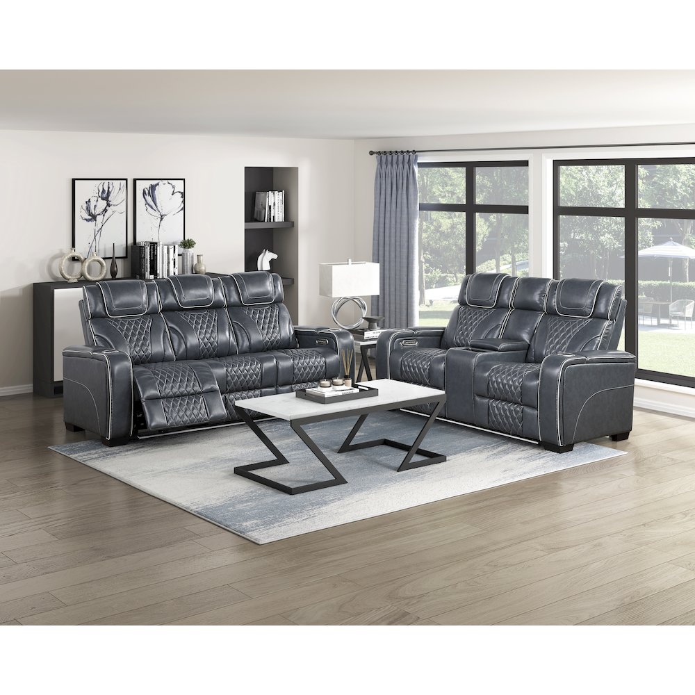 Apex Leather Pwr Double Reclining Love Seat with Center Console in Blue. Picture 2