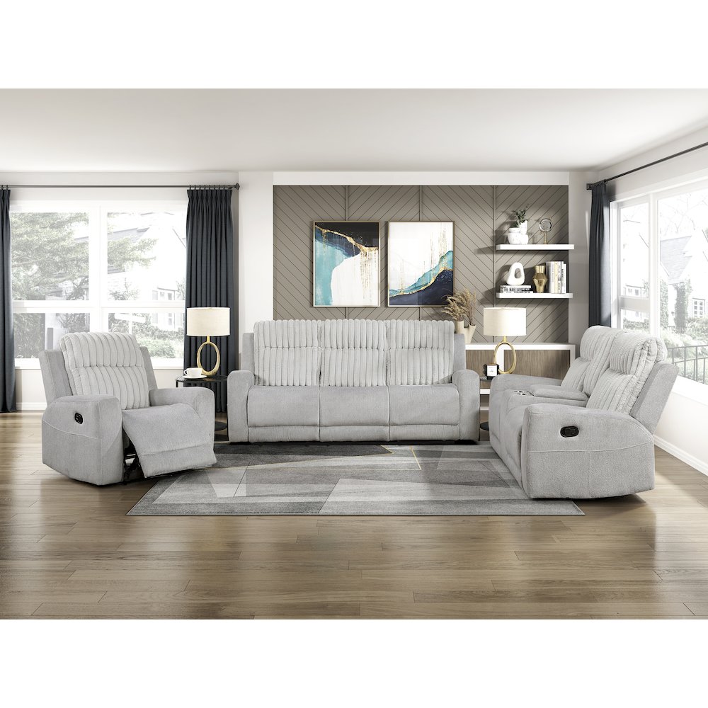 Benton Corduroy Double Reclining Sofa in Light Gray. Picture 2