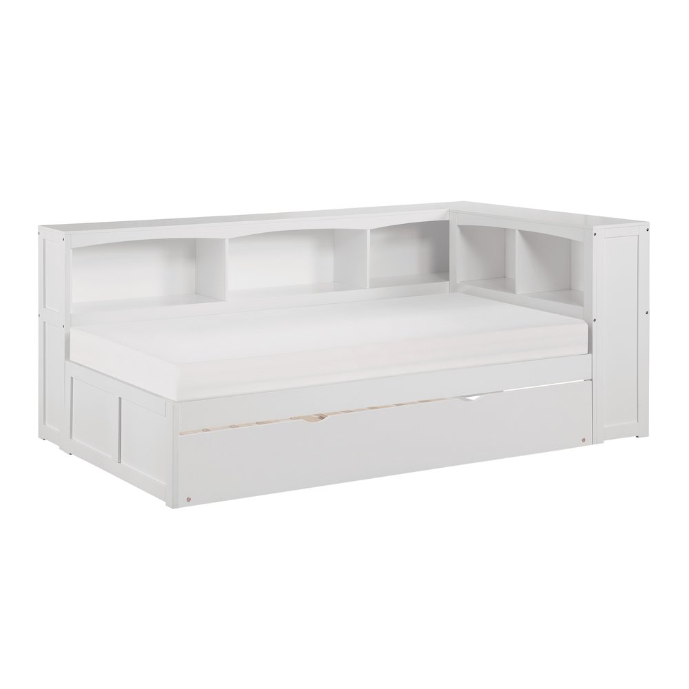 Galen Pine Twin Bookcase Corner Bed with Twin Trundle in White. Picture 1