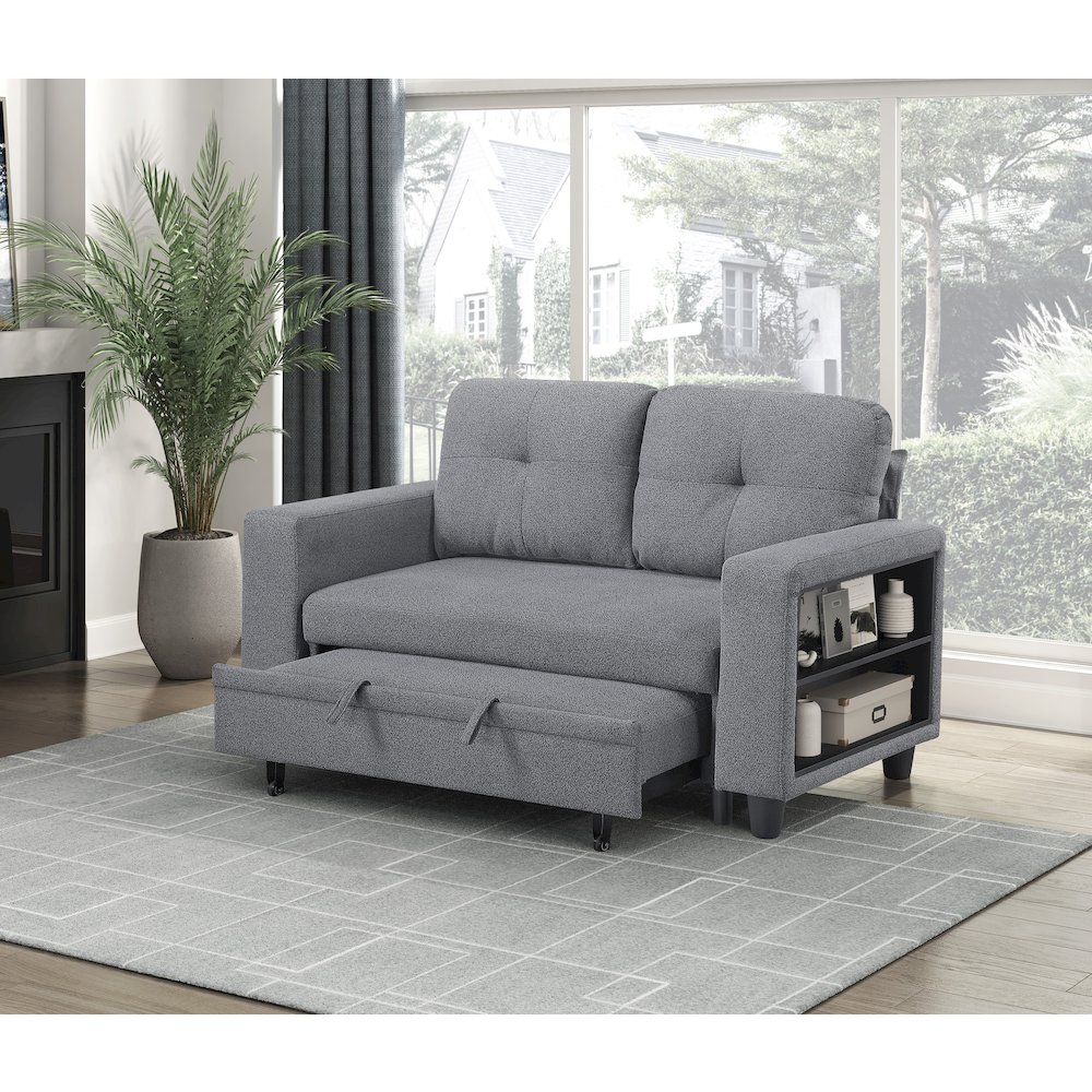 Robinson Boucle Love Seat with Pull-out Bed, Shelves in Gray. Picture 5