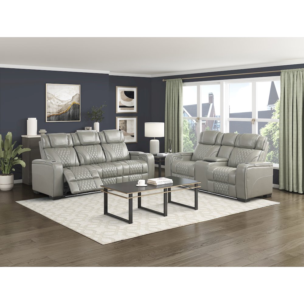 Apex Leather Pwr Double Reclining Love Seat with Center Console in Gray. Picture 2