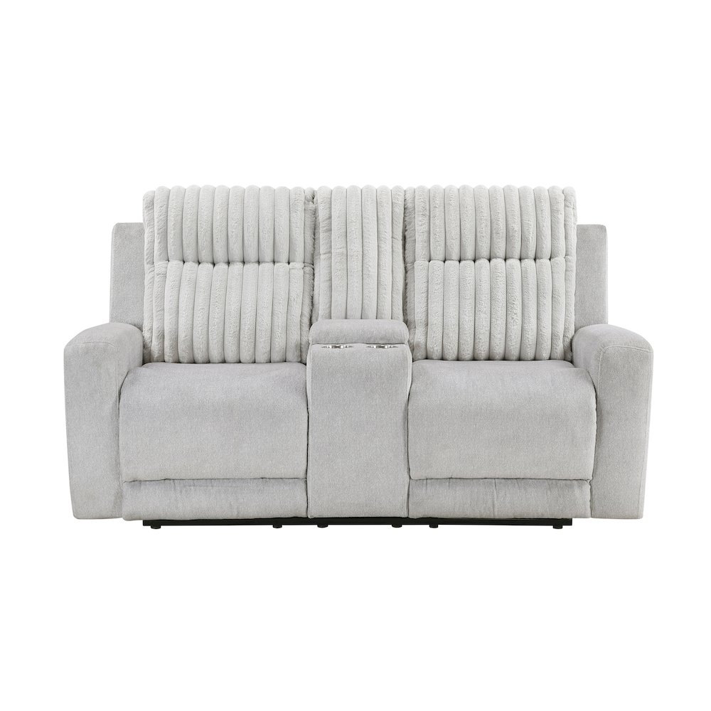 Benton Corduroy Double Reclining Love Seat in Light Gray. Picture 4