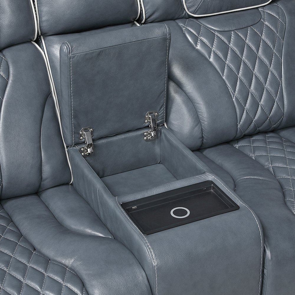 Apex Leather Pwr Double Reclining Love Seat with Center Console in Blue. Picture 7
