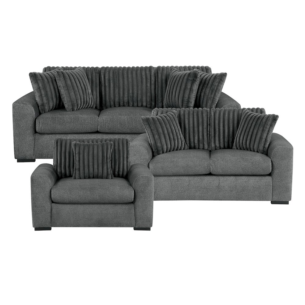 Athena Textured 3pc Set: Sofa, Loveseat, Chair in Dark Gray. Picture 4
