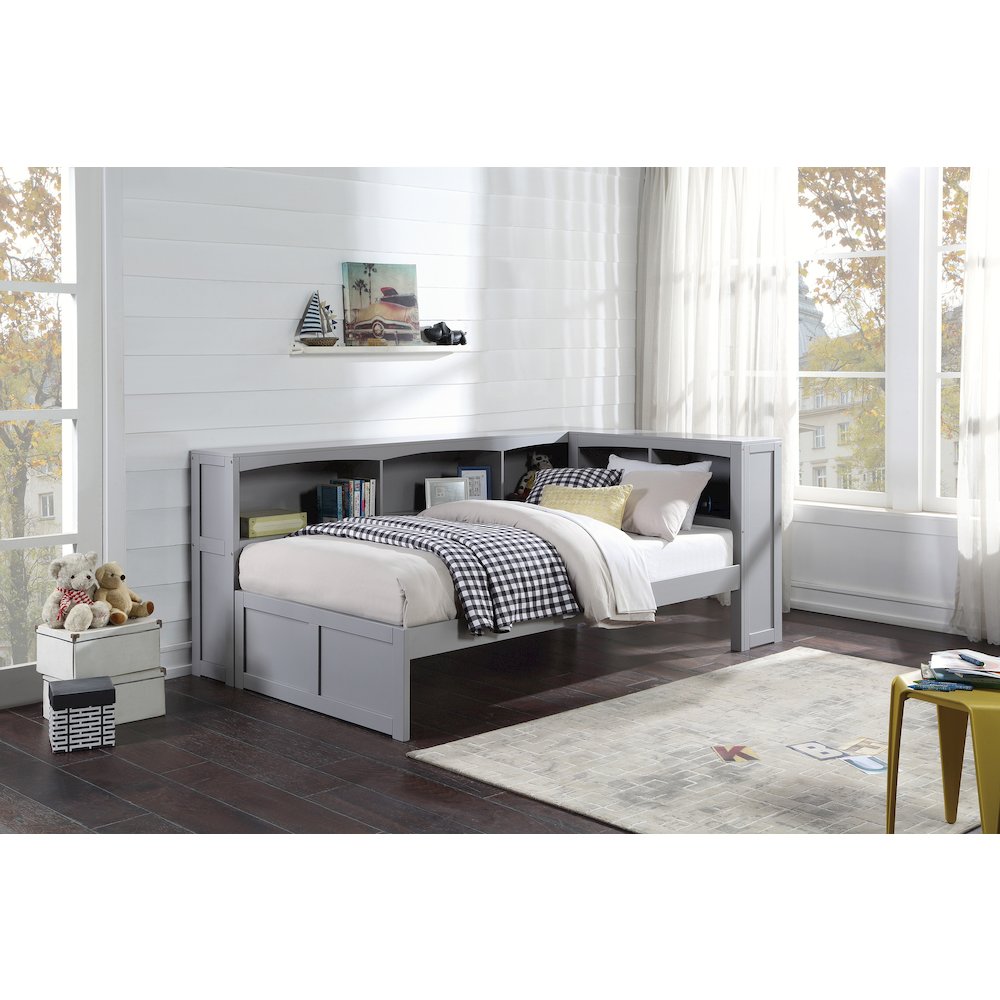 Orion Pine Twin Bookcase Corner Bed in Gray. Picture 2