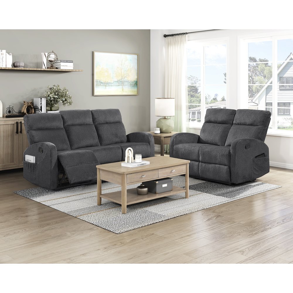 Allen Microfiber Double Reclining Sofa in Dark Gray. Picture 2
