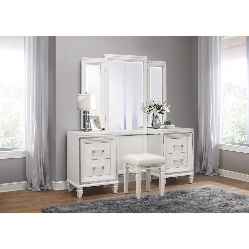 Tamsin Asian Hardwood Vanity Stool in White Metallic. Picture 2