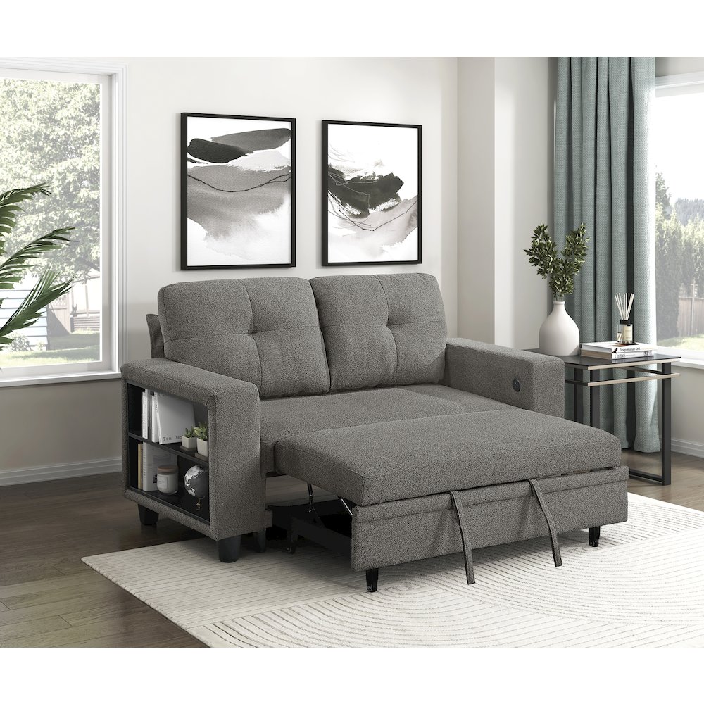 Robinson Boucle Love Seat with Pull-out Bed, Shelves in Dark Brown. Picture 6
