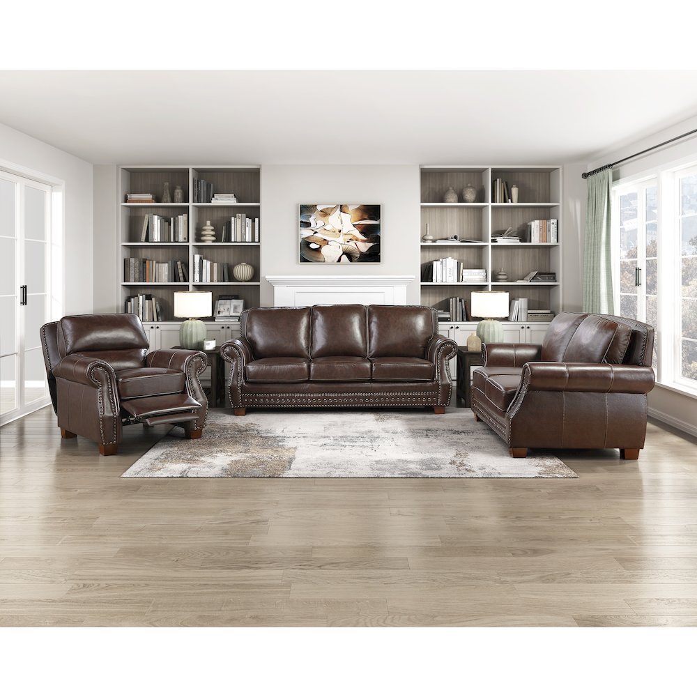 Remington Leather Push Back Reclining Chair in Brown. Picture 2