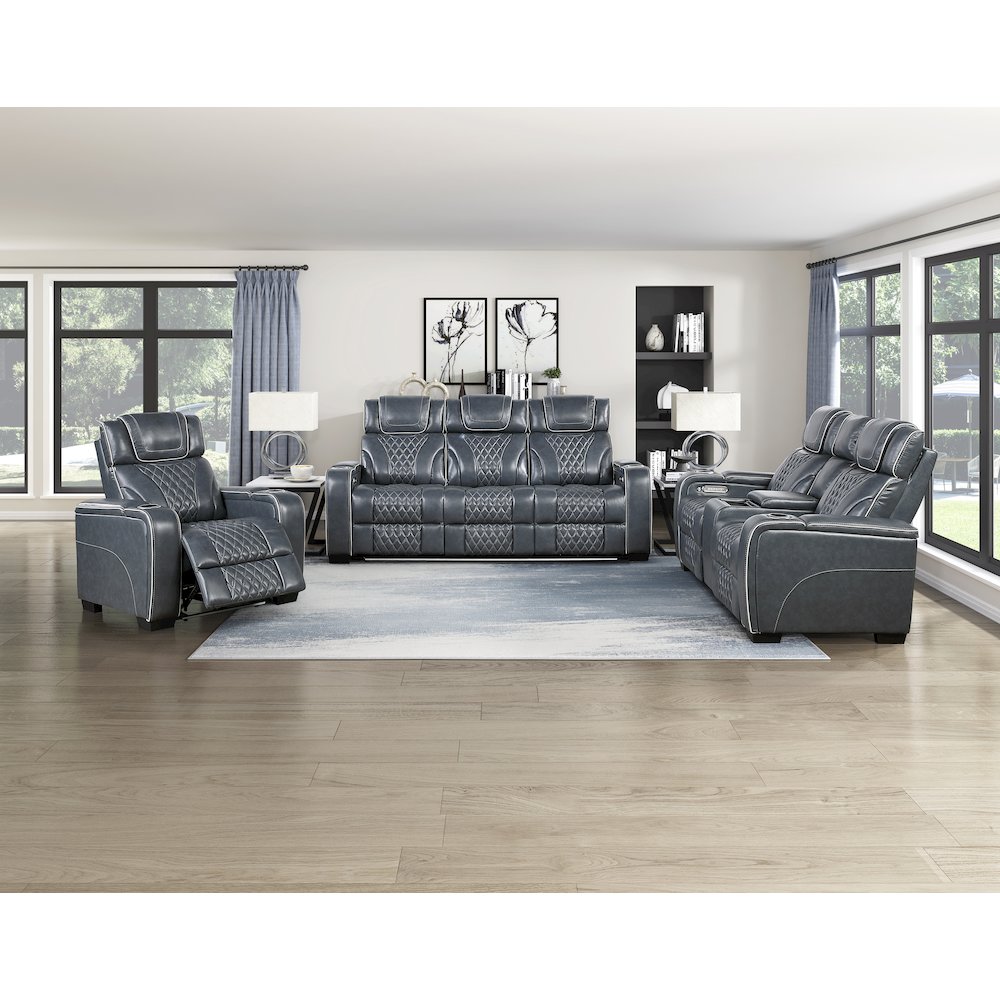 Apex Leather 3pc Set: Sofa, Love, Chair in Blue. Picture 2