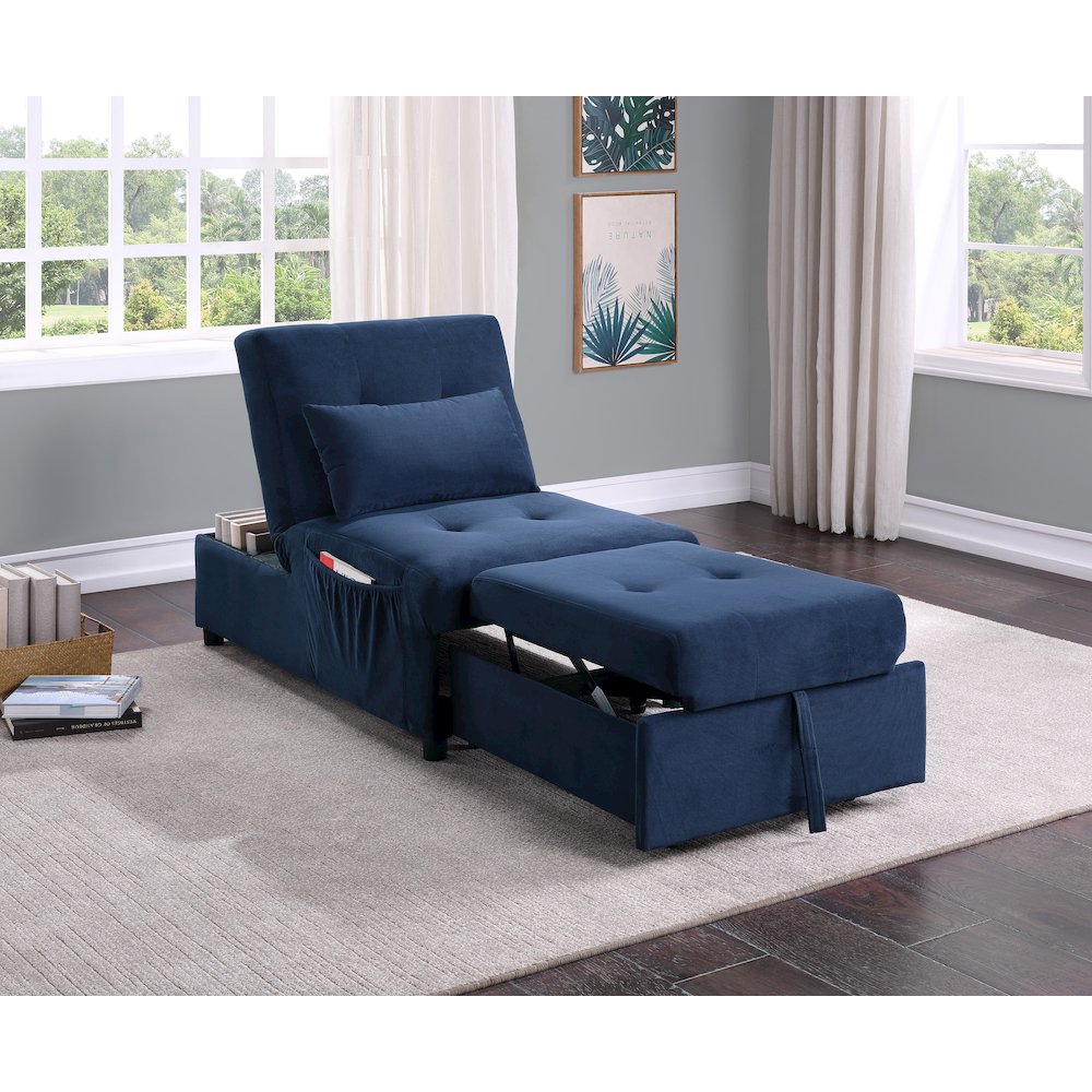 Garrell Velvet Storage Bench with Pull-Out Ottoman in Dark Blue. Picture 5