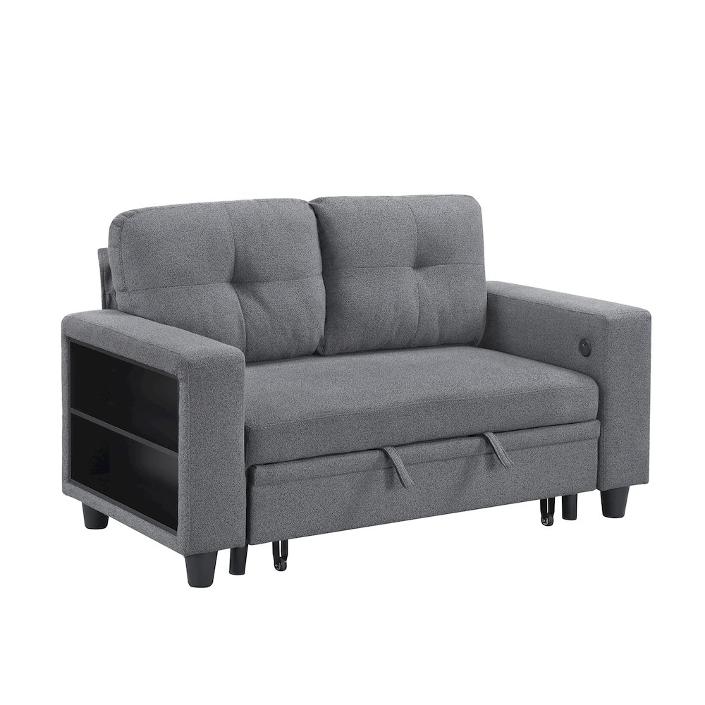 Robinson Boucle Love Seat with Pull-out Bed, Shelves in Gray. Picture 1