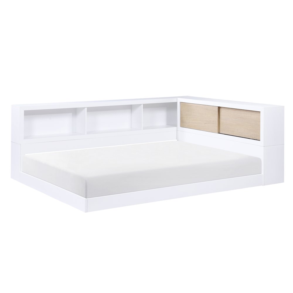 Asker A. Hardwood Full Bookcase Corner Bed in 2-Tone (White and Natural). Picture 1