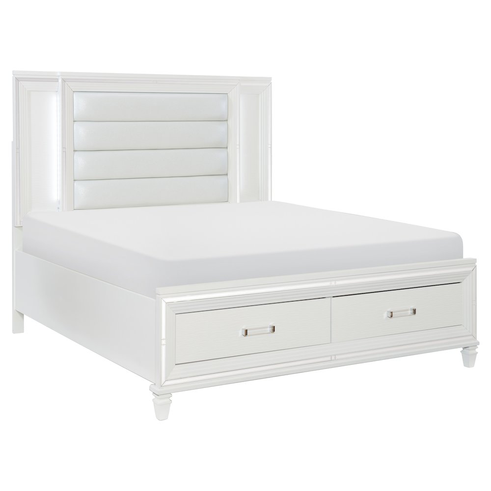 Tamsin Asian Hardwood QN Platform Bed w LED lighting in White Metallic. Picture 1