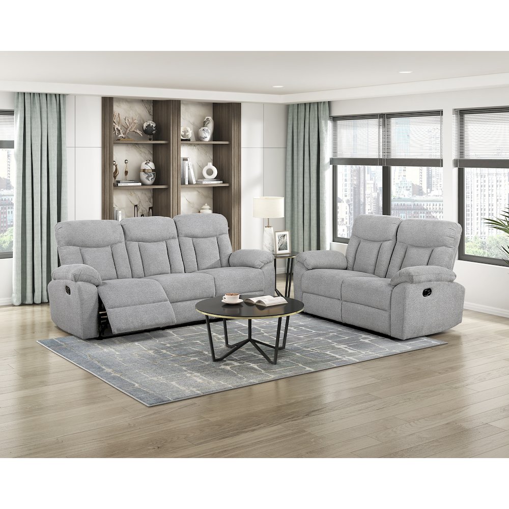 Jules Chenille Double Reclining Love Seat in Gray. Picture 2