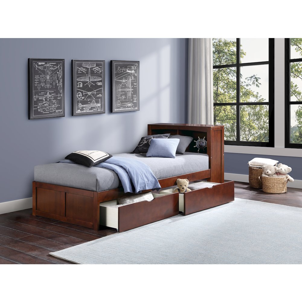 Rowe Pine Twin Bookcase Bed with Storage Boxes in Dark Cherry. Picture 2