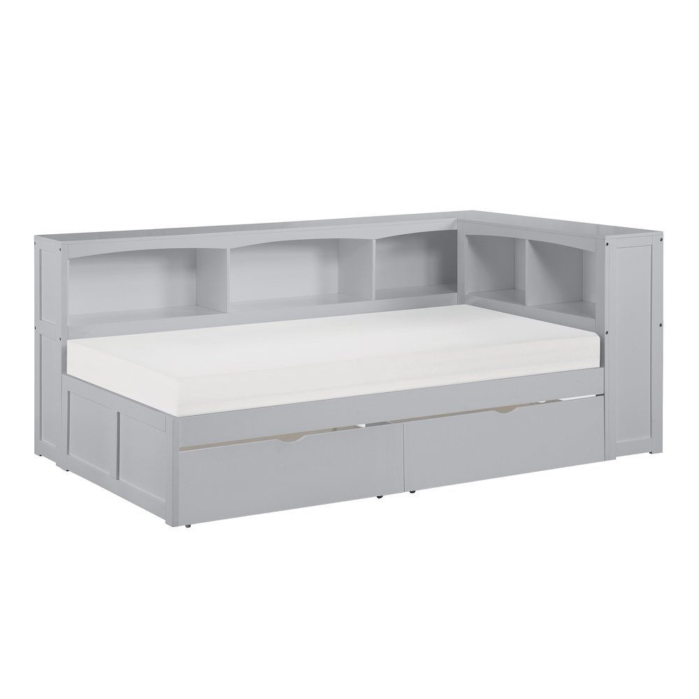 Orion Pine Twin Bookcase Corner Bed with Storage Boxes in Gray. Picture 1