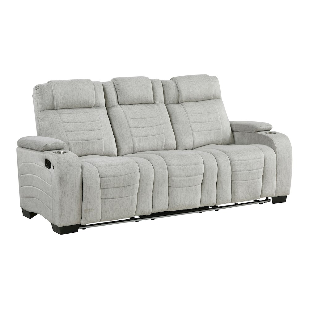 Ronan Microfiber Double Reclining Sofa with Storage Arms in Light Gray. Picture 1