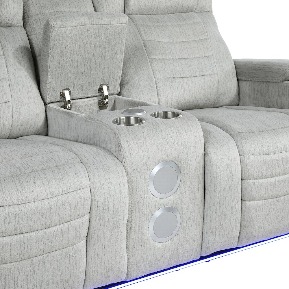 Ronan Microfiber Dbl Reclining Love Seat with Storage Arms in Light Gray. Picture 9
