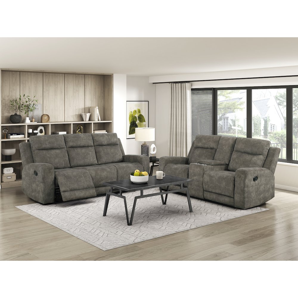 Muncie Microfiber Dbl Reclining Love Seat with Center Console in Brown. Picture 2