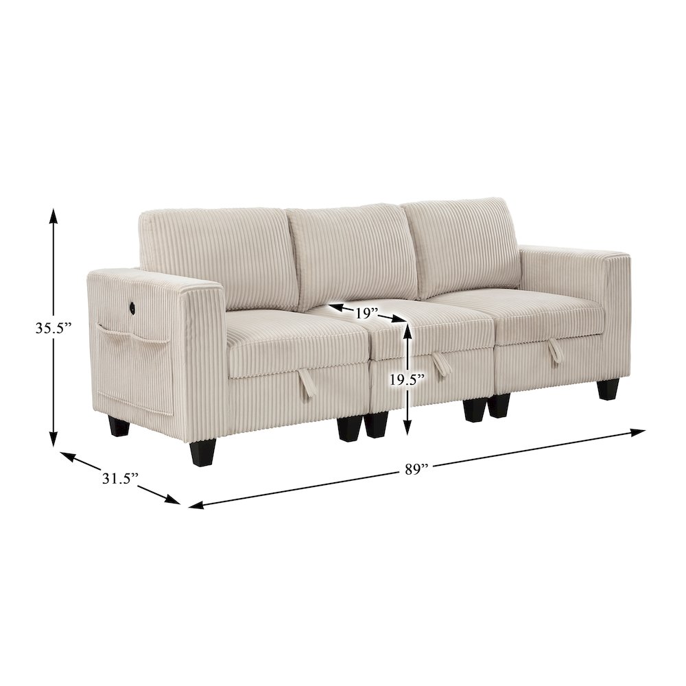 Walterboro Corduroy Sofa with Storage, Storage Pouches in Beige. Picture 5