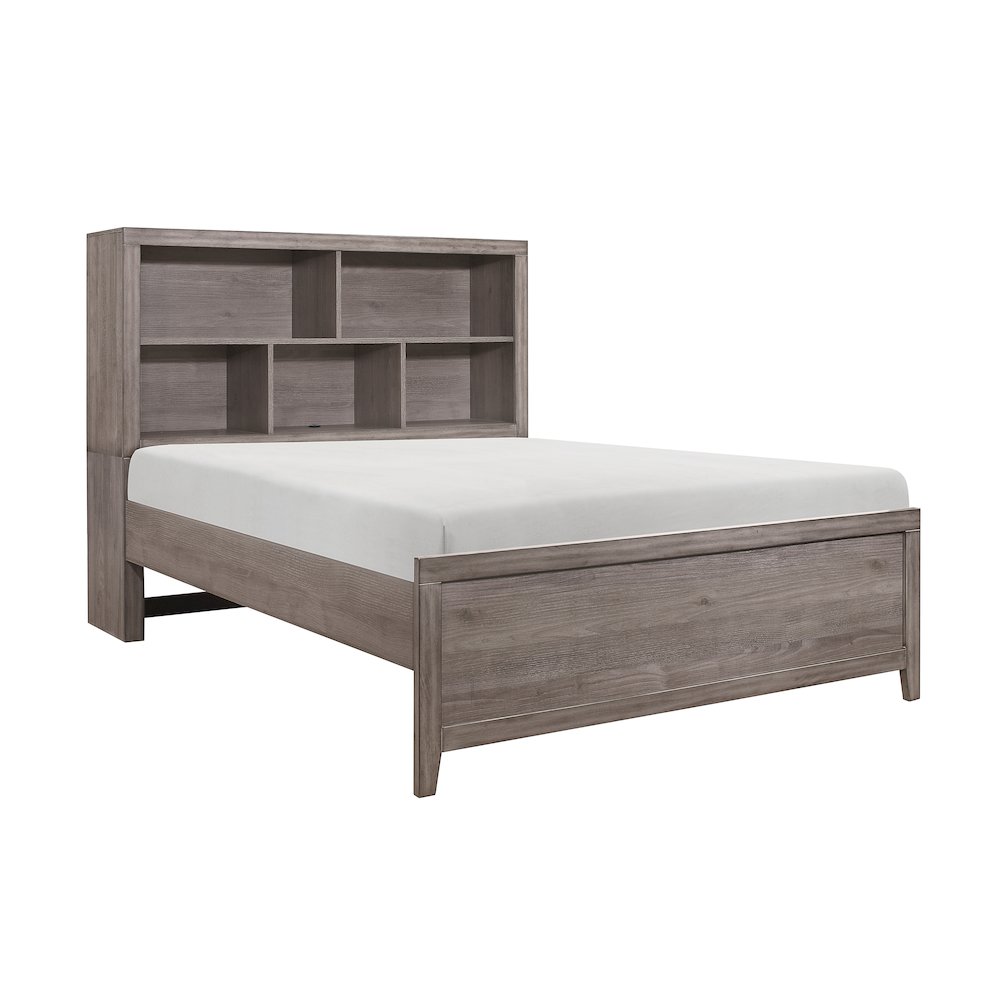 Woodrow Asian Hardwood Queen Bed with Bookcase Headboard in Gray. Picture 1