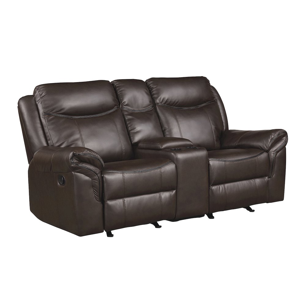 Faux Leather Double Glider Reclining Love Seat With Center Console In Dark Brown. Picture 1