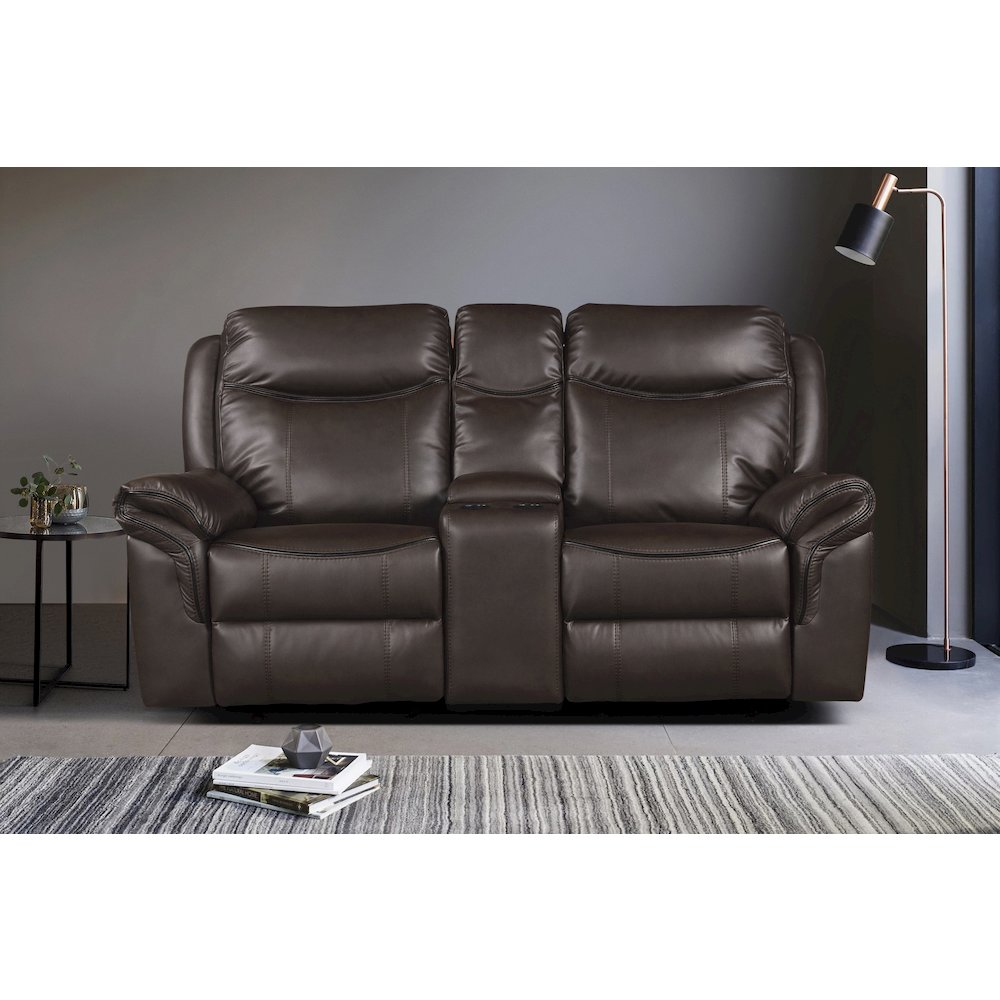 Faux Leather Double Glider Reclining Love Seat With Center Console In Dark Brown. Picture 3