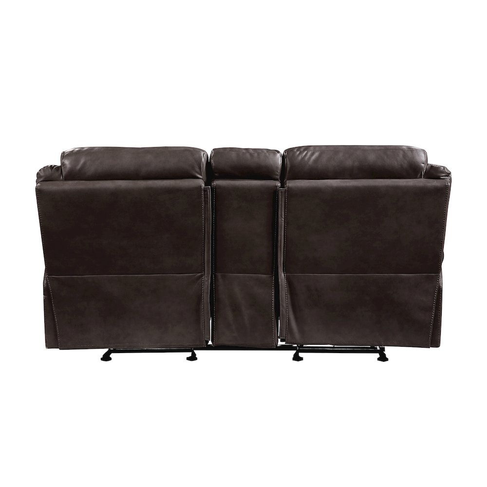 Faux Leather Double Glider Reclining Love Seat With Center Console In Dark Brown. Picture 2