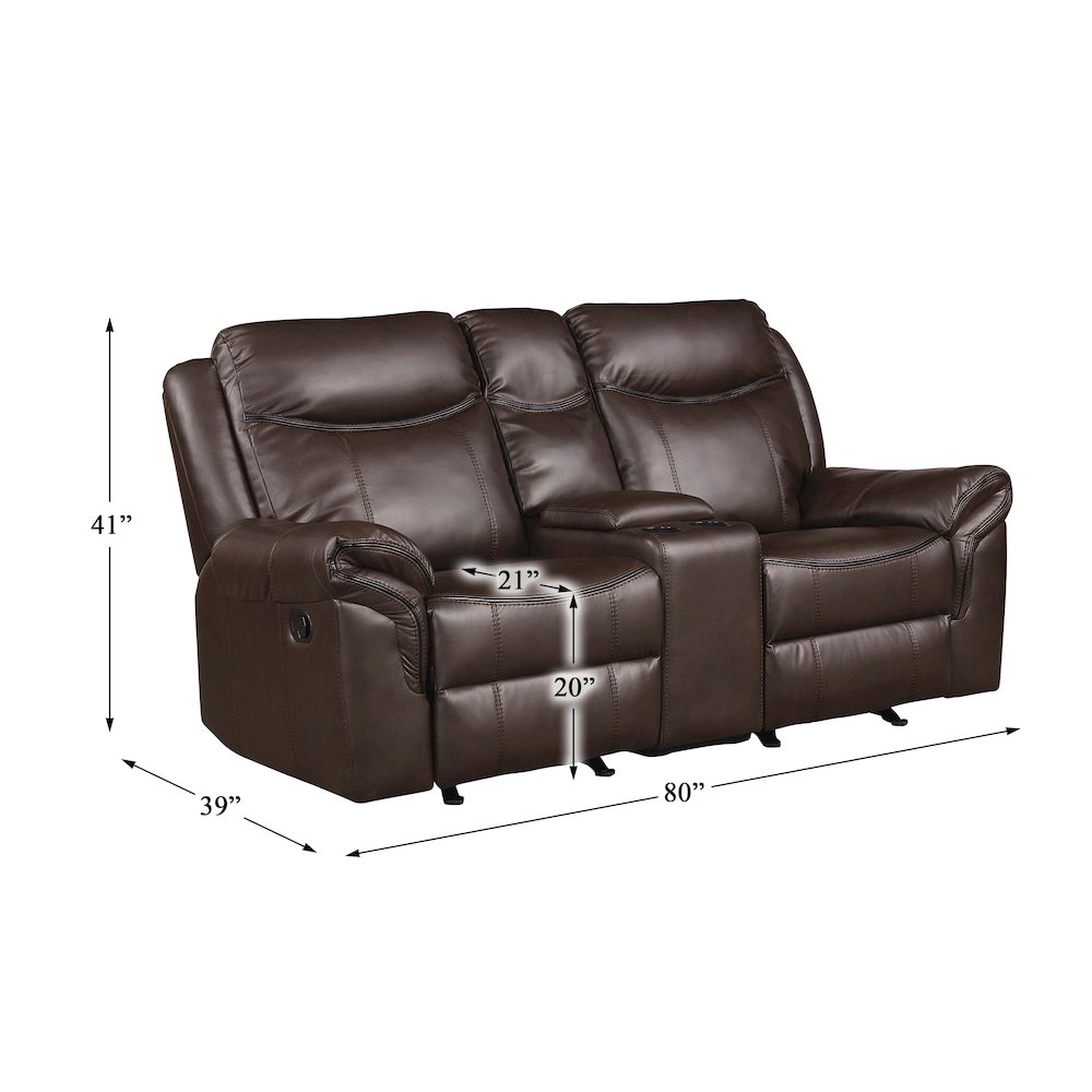 Faux Leather Double Glider Reclining Love Seat With Center Console In Dark Brown. Picture 4