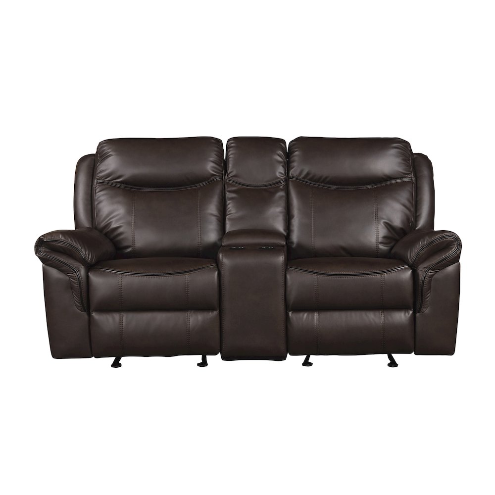 Faux Leather Double Glider Reclining Love Seat With Center Console In Dark Brown. Picture 5